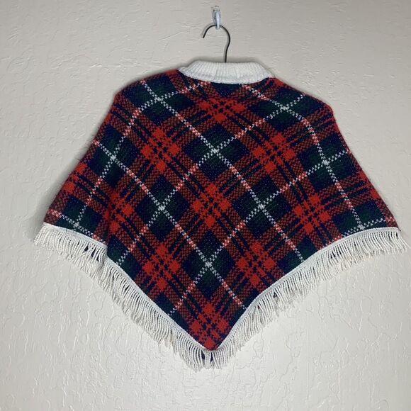 St.Michael Orion Red Blue Green Tartan Plaid Fringed Poncho Kids Size Age 5-8 - Picture 5 of 7